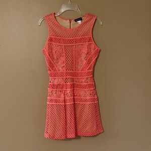 VENUS Coral Lace & Mesh Fit-and-Flare Mini Dress